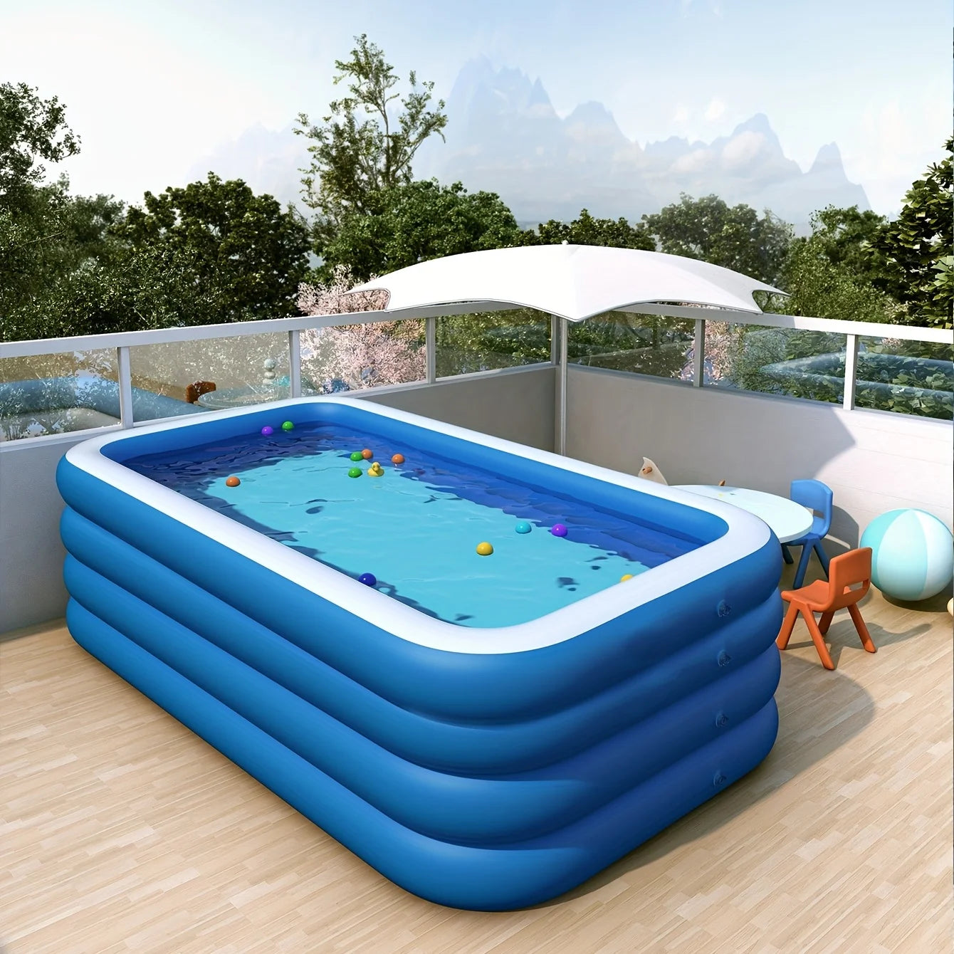 Large Household Swimming Pool Blue And White 120*67*24in Four-ring Heightened Thickened Square Family Inflatable Swimming Pool