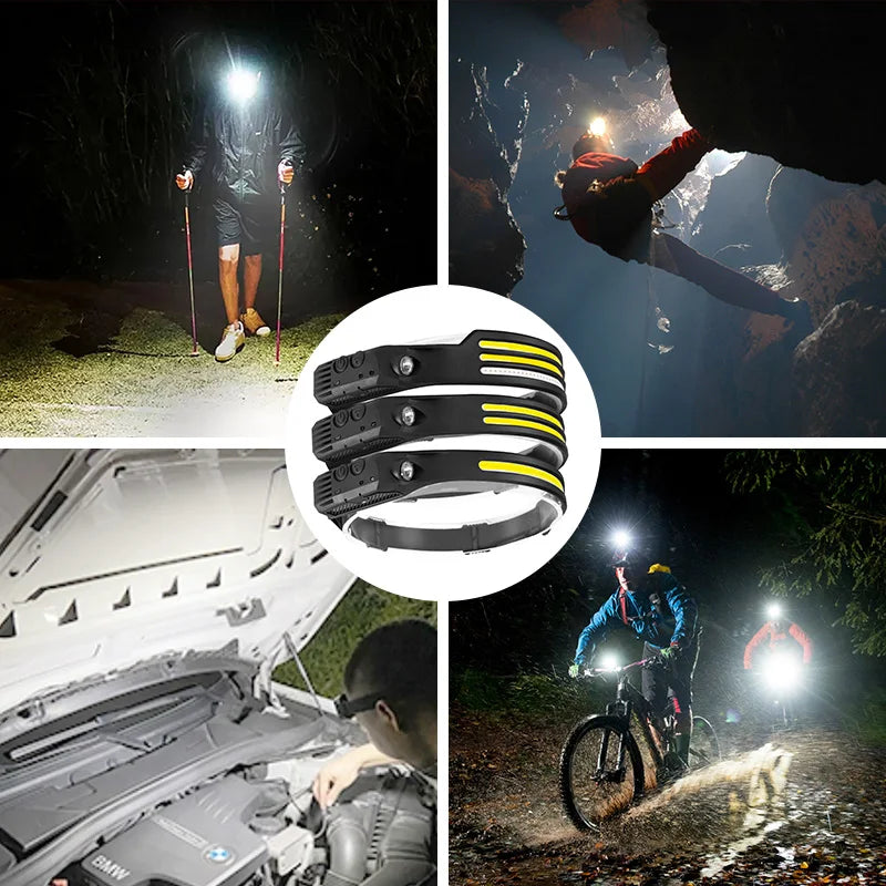 Induction Headlamp COB LED Sensor Head Lamp Built-in Battery Flashlight USB Rechargeable Head Torch 5 Lighting Modes Headlight